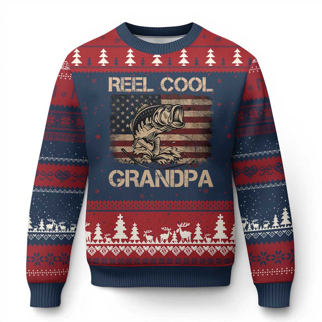 Reel Cool Grandpa Ugly Christmas Sweater Funny Fishing USA Flag Patriotic Fisherman Fathers Day