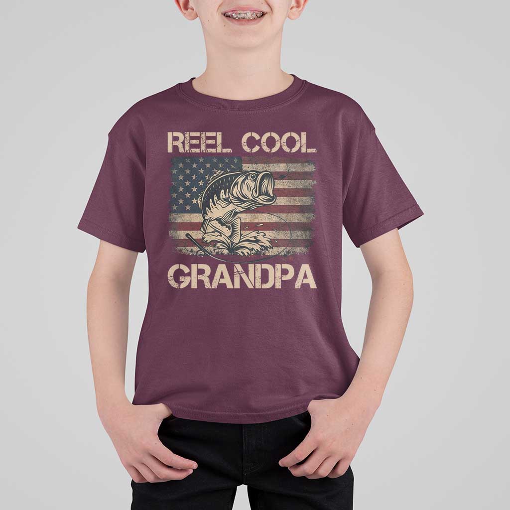 Reel Cool Grandpa T Shirt For Kid Funny Fishing USA Flag Patriotic Fisherman Fathers Day