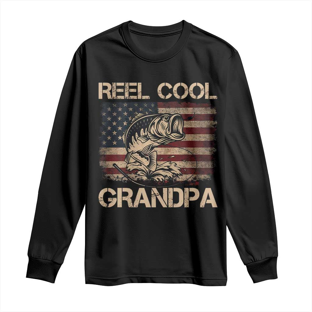 Reel Cool Grandpa Long Sleeve Shirt Funny Fishing USA Flag Patriotic Fisherman Fathers Day