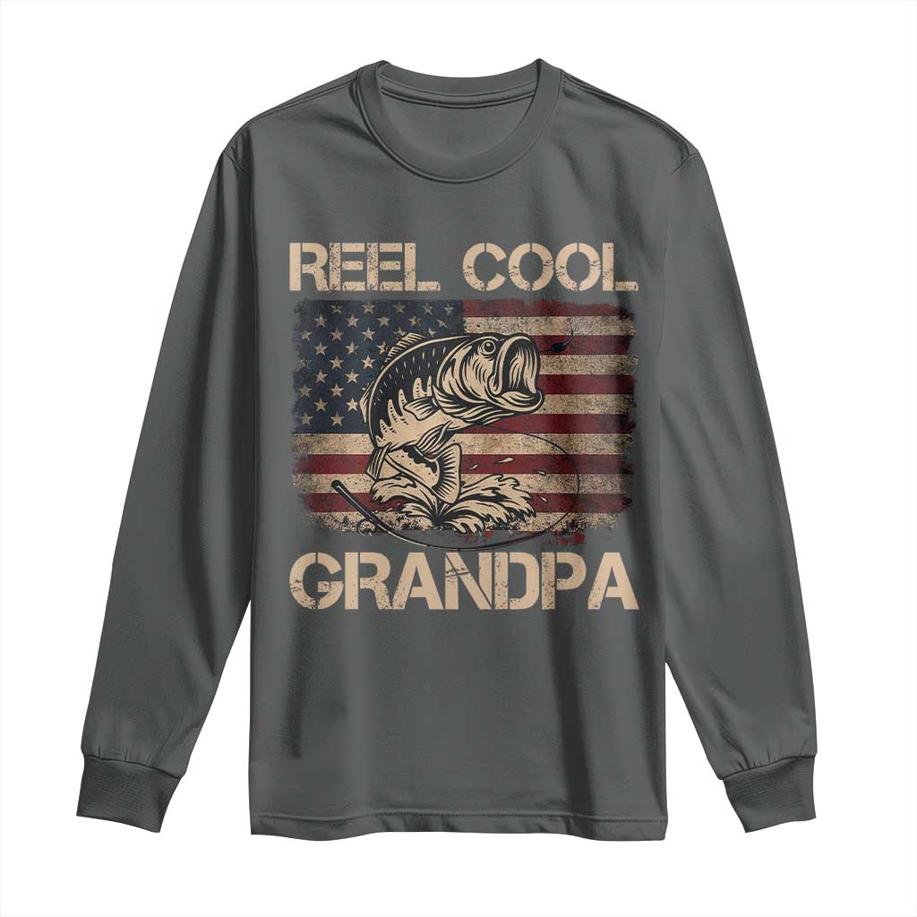 Reel Cool Grandpa Long Sleeve Shirt Funny Fishing USA Flag Patriotic Fisherman Fathers Day