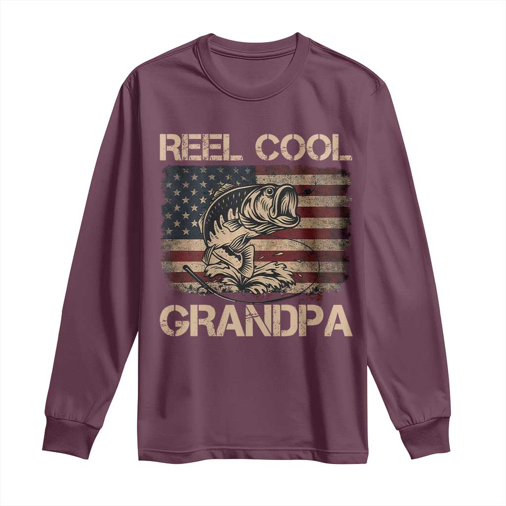 Reel Cool Grandpa Long Sleeve Shirt Funny Fishing USA Flag Patriotic Fisherman Fathers Day
