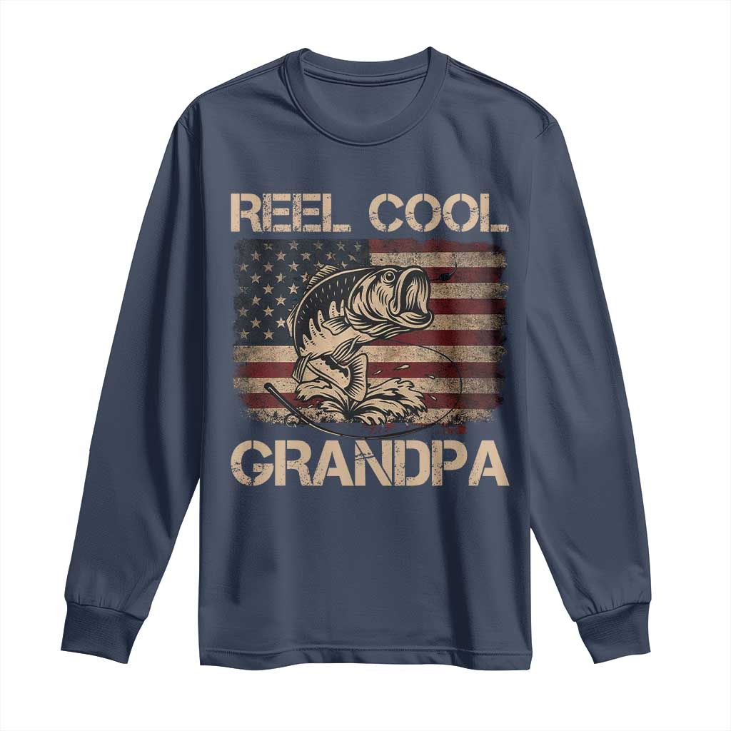 Reel Cool Grandpa Long Sleeve Shirt Funny Fishing USA Flag Patriotic Fisherman Fathers Day