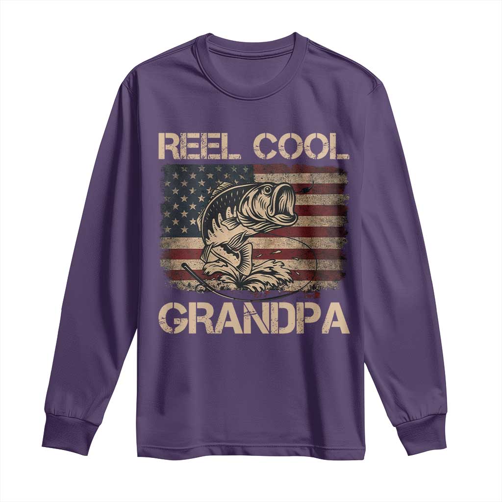 Reel Cool Grandpa Long Sleeve Shirt Funny Fishing USA Flag Patriotic Fisherman Fathers Day