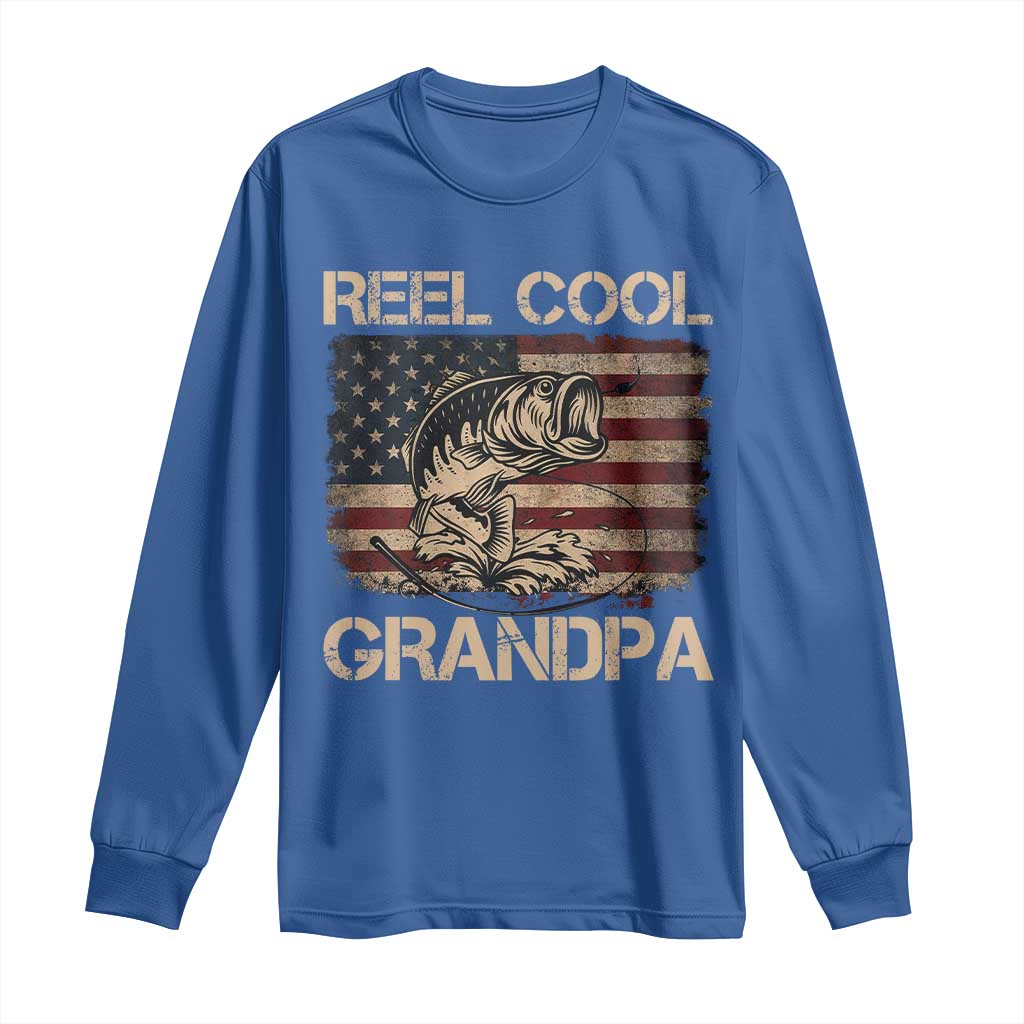 Reel Cool Grandpa Long Sleeve Shirt Funny Fishing USA Flag Patriotic Fisherman Fathers Day
