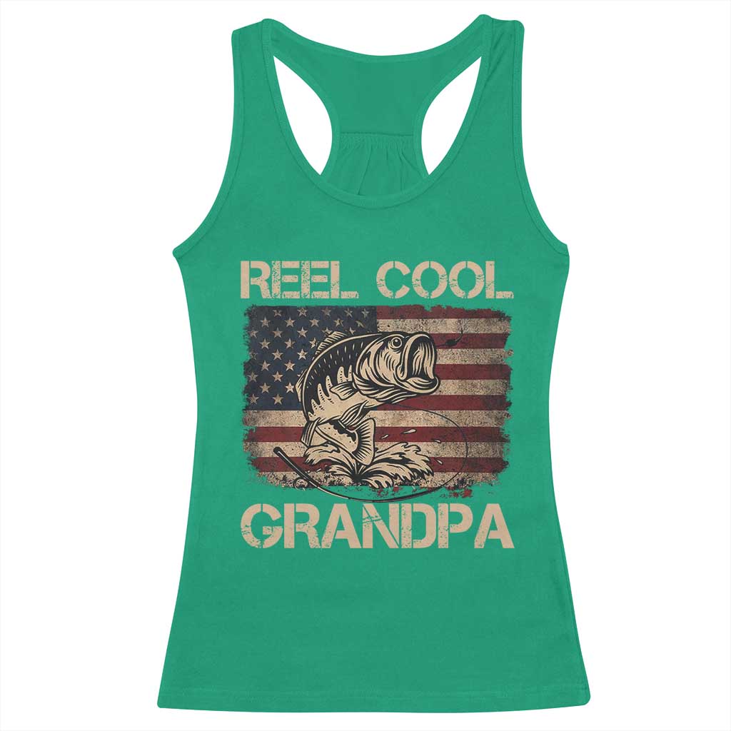 Reel Cool Grandpa Racerback Tank Top Funny Fishing USA Flag Patriotic Fisherman Fathers Day