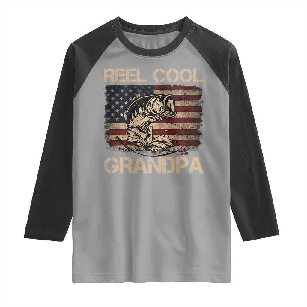 Reel Cool Grandpa Raglan Shirt Funny Fishing USA Flag Patriotic Fisherman Fathers Day