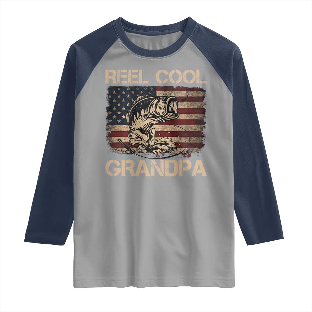 Reel Cool Grandpa Raglan Shirt Funny Fishing USA Flag Patriotic Fisherman Fathers Day