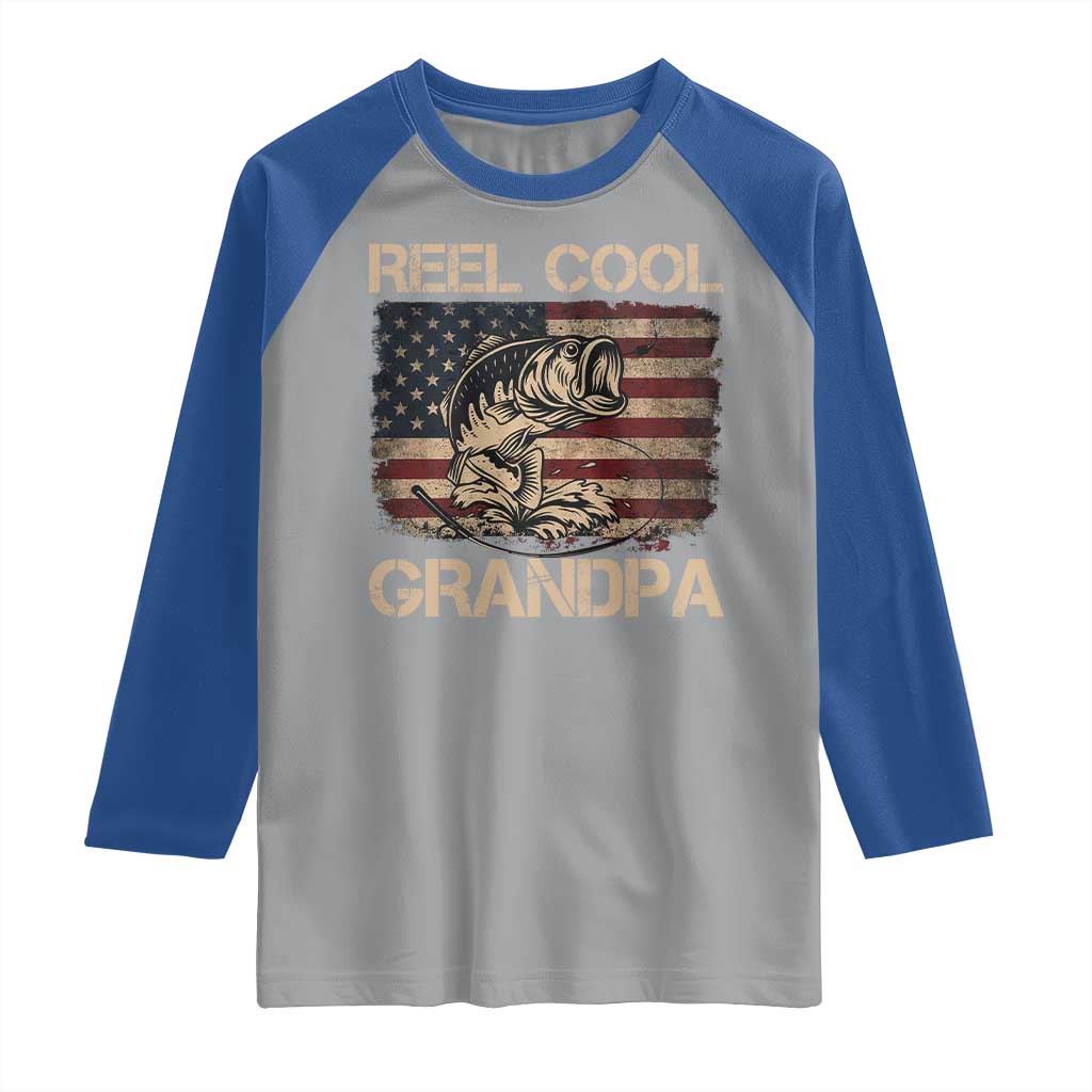 Reel Cool Grandpa Raglan Shirt Funny Fishing USA Flag Patriotic Fisherman Fathers Day
