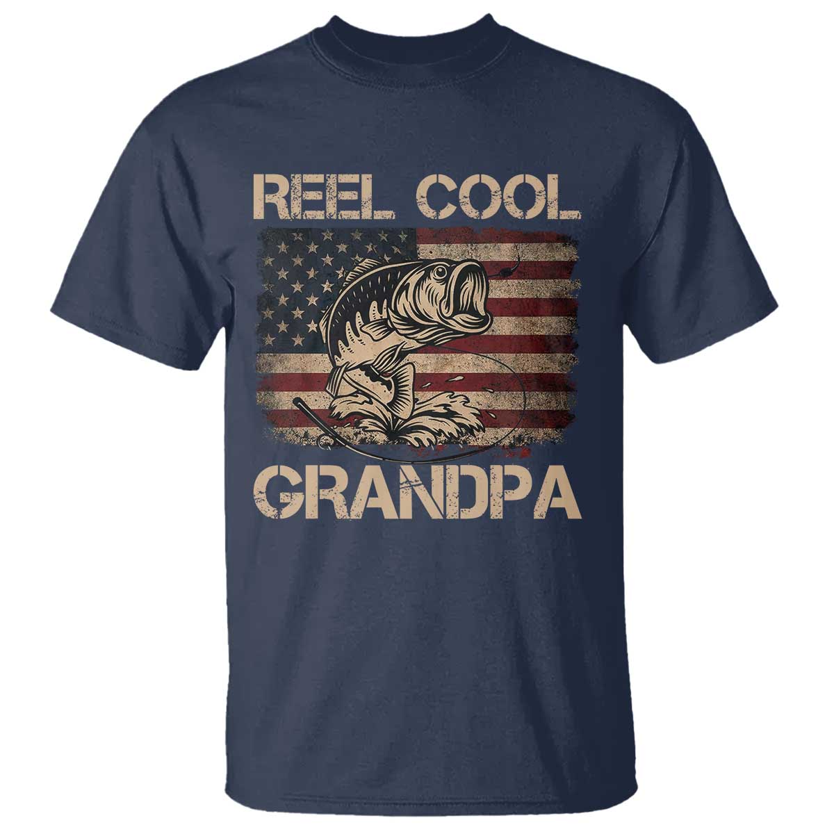Reel Cool Grandpa T Shirt Funny Fishing USA Flag Patriotic Fisherman Fathers Day