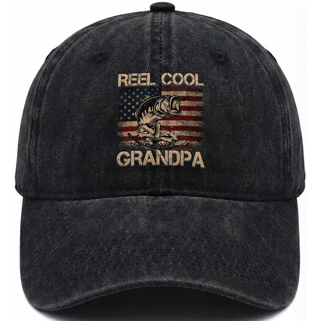 Reel Cool Grandpa Washed Cotton Baseball Cap Funny Fishing USA Flag Patriotic Fisherman Fathers Day