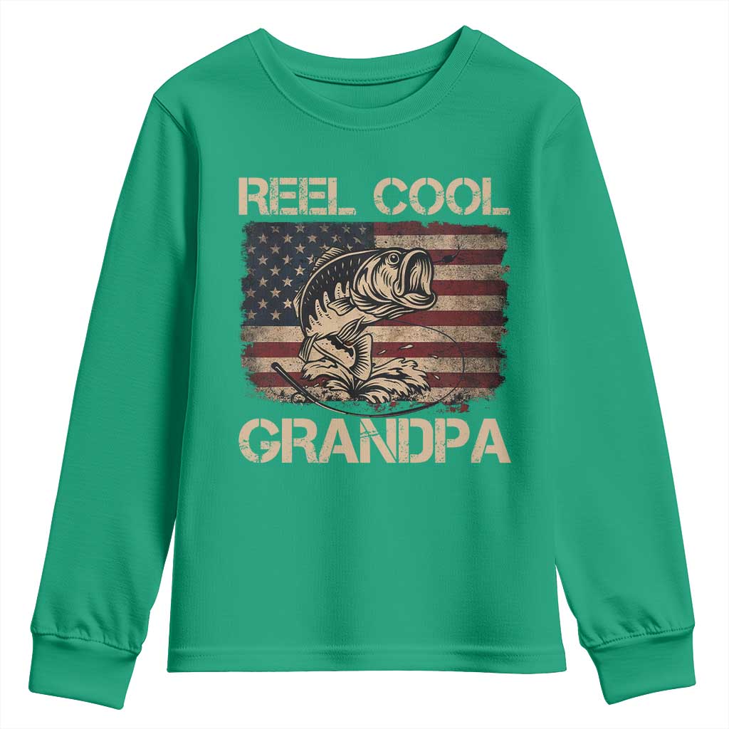Reel Cool Grandpa Youth Sweatshirt Funny Fishing USA Flag Patriotic Fisherman Fathers Day