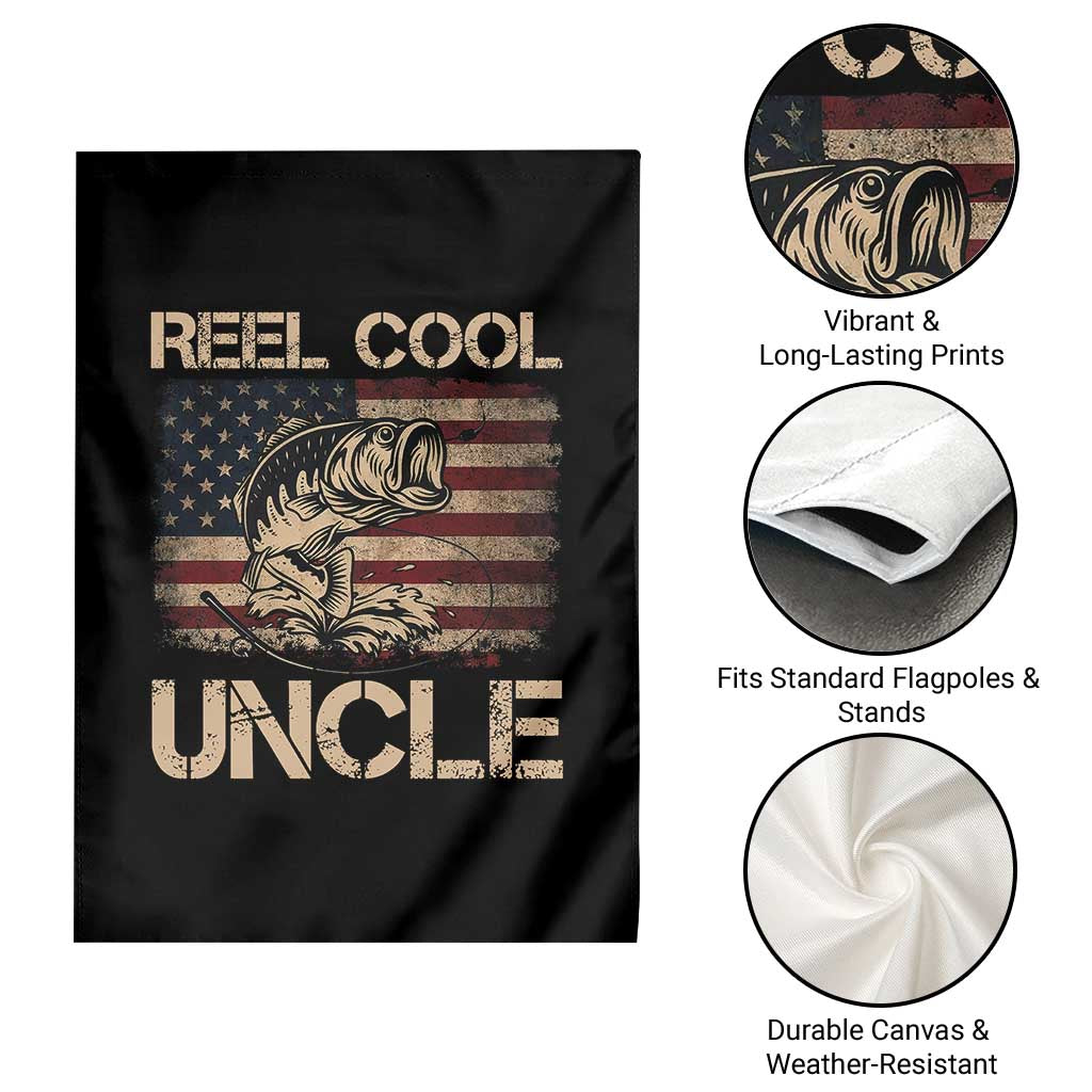 Reel Cool Uncle Garden Flag Funny Fishing USA Flag Patriotic Fisherman Fathers Day