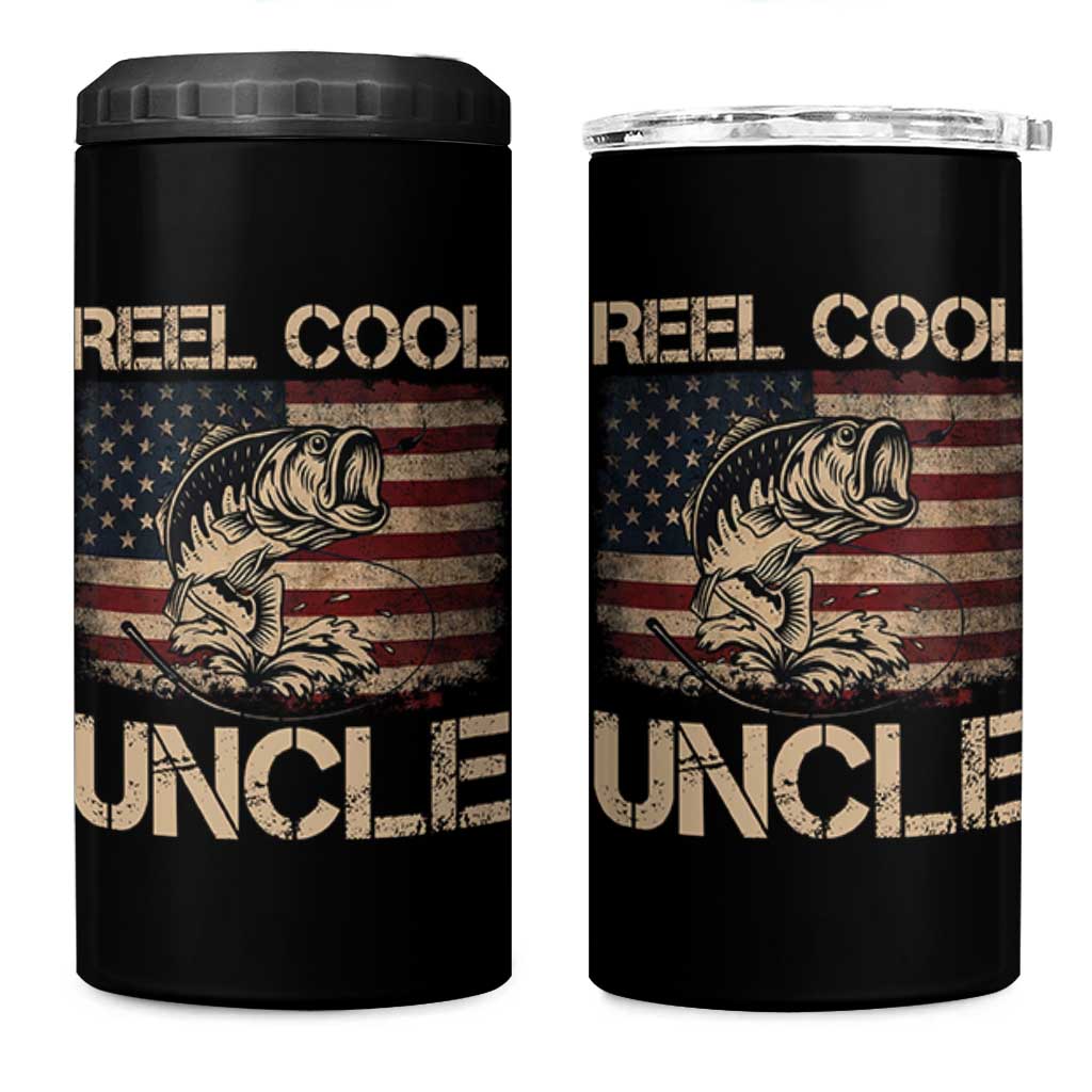 Reel Cool Uncle 4 in 1 Can Cooler Tumbler Funny Fishing USA Flag Patriotic Fisherman Fathers Day