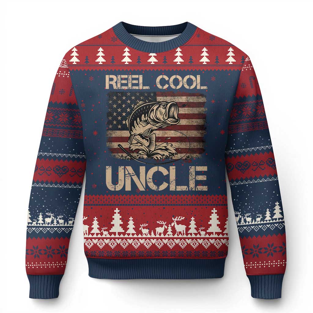 Reel Cool Uncle Ugly Christmas Sweater Funny Fishing USA Flag Patriotic Fisherman Fathers Day