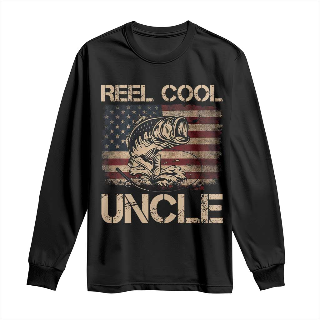 Reel Cool Uncle Long Sleeve Shirt Funny Fishing USA Flag Patriotic Fisherman Fathers Day