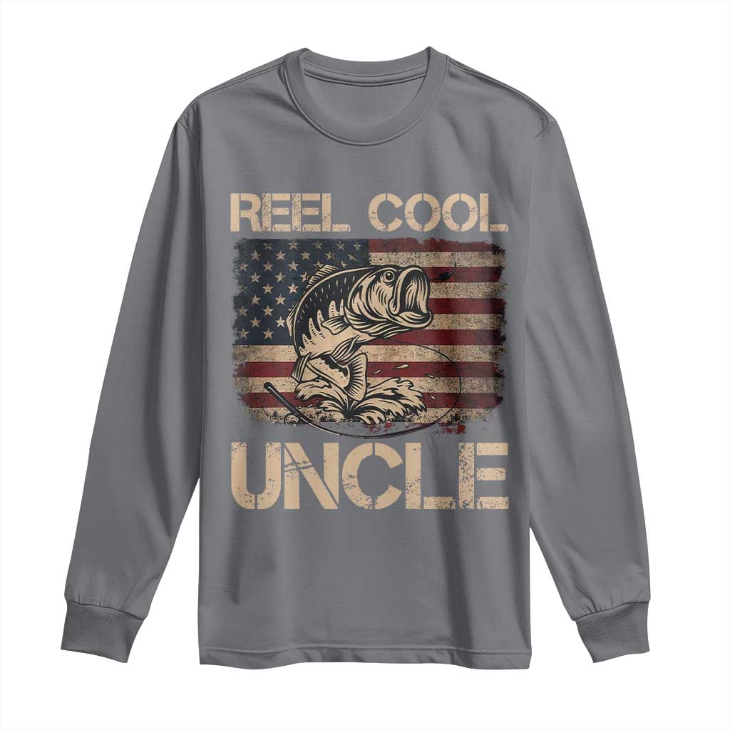 Reel Cool Uncle Long Sleeve Shirt Funny Fishing USA Flag Patriotic Fisherman Fathers Day