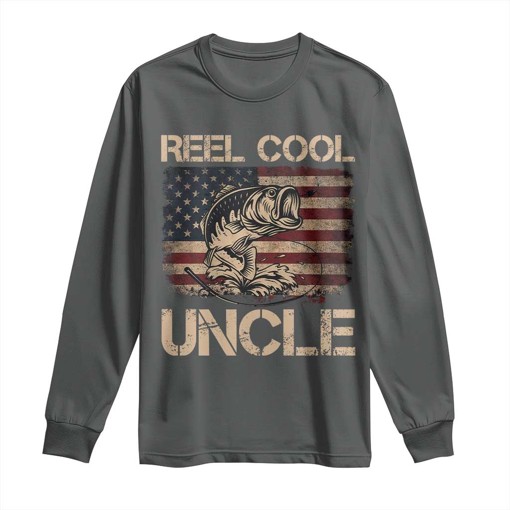 Reel Cool Uncle Long Sleeve Shirt Funny Fishing USA Flag Patriotic Fisherman Fathers Day