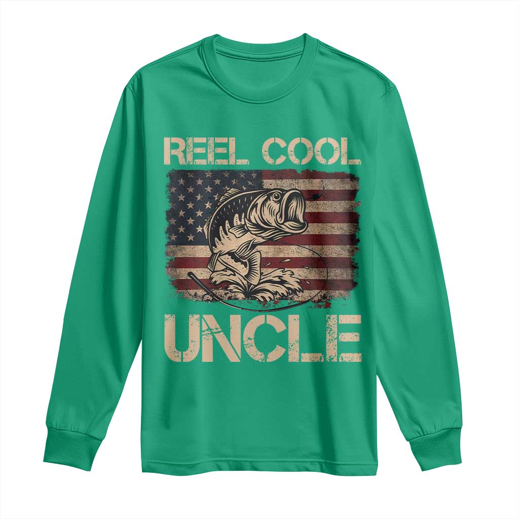 Reel Cool Uncle Long Sleeve Shirt Funny Fishing USA Flag Patriotic Fisherman Fathers Day