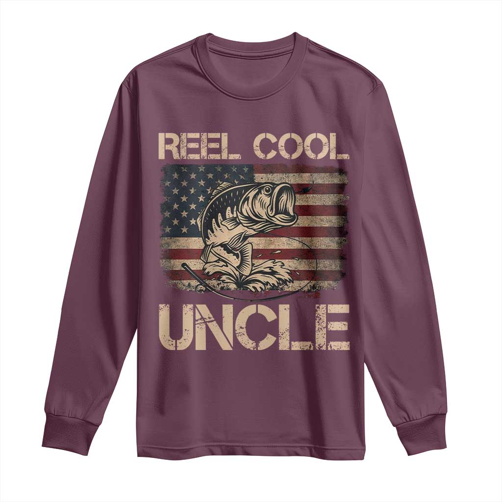Reel Cool Uncle Long Sleeve Shirt Funny Fishing USA Flag Patriotic Fisherman Fathers Day