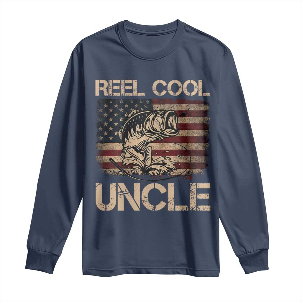 Reel Cool Uncle Long Sleeve Shirt Funny Fishing USA Flag Patriotic Fisherman Fathers Day