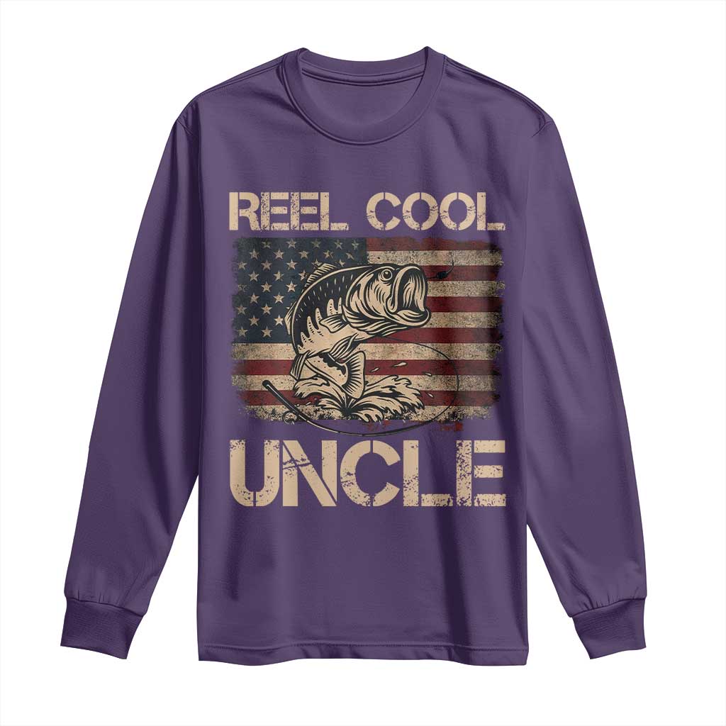 Reel Cool Uncle Long Sleeve Shirt Funny Fishing USA Flag Patriotic Fisherman Fathers Day