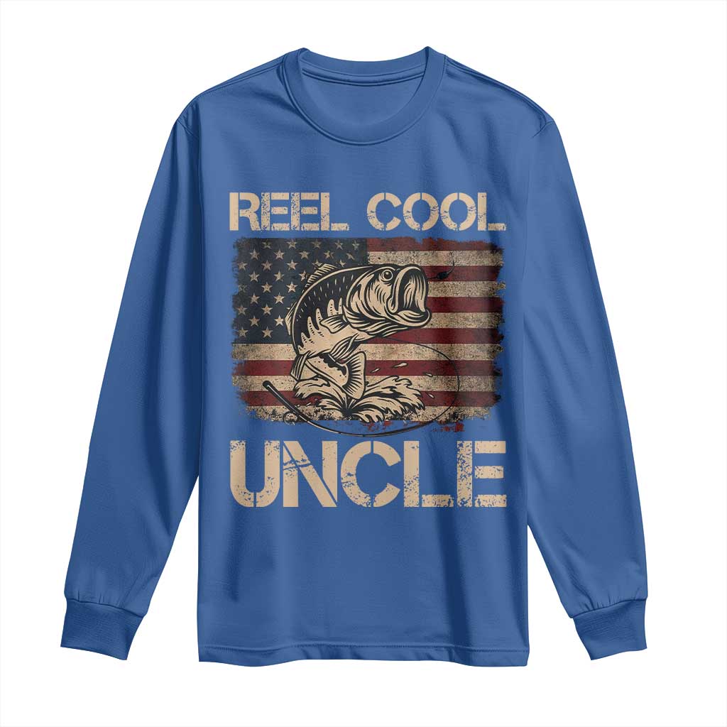 Reel Cool Uncle Long Sleeve Shirt Funny Fishing USA Flag Patriotic Fisherman Fathers Day