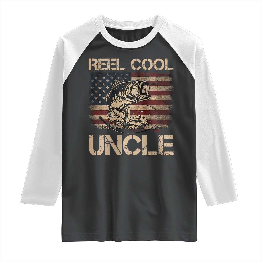 Reel Cool Uncle Raglan Shirt Funny Fishing USA Flag Patriotic Fisherman Fathers Day