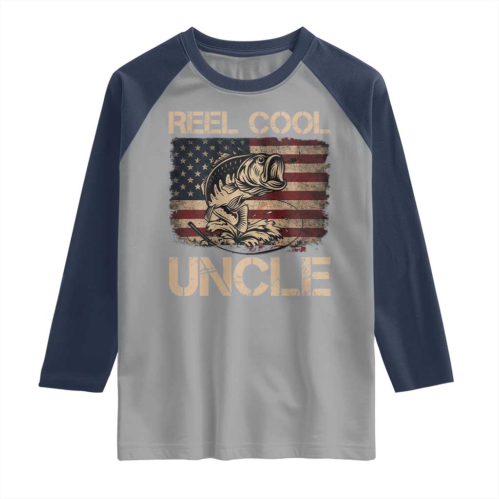 Reel Cool Uncle Raglan Shirt Funny Fishing USA Flag Patriotic Fisherman Fathers Day