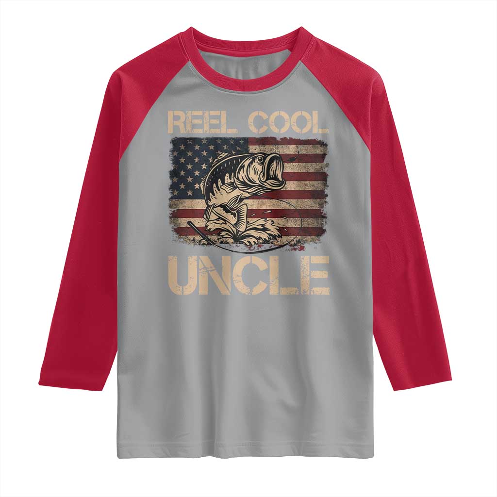 Reel Cool Uncle Raglan Shirt Funny Fishing USA Flag Patriotic Fisherman Fathers Day