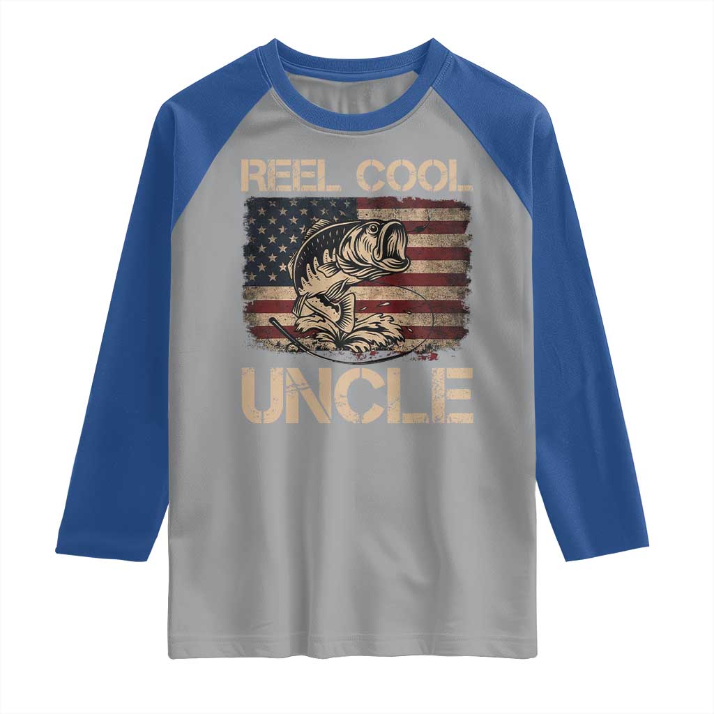 Reel Cool Uncle Raglan Shirt Funny Fishing USA Flag Patriotic Fisherman Fathers Day