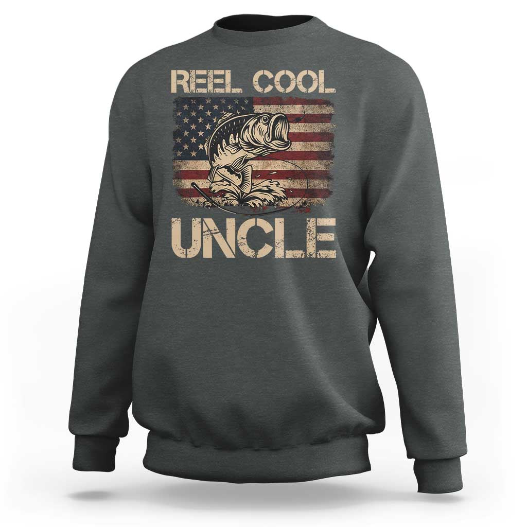 Reel Cool Uncle Sweatshirt Funny Fishing USA Flag Patriotic Fisherman Fathers Day