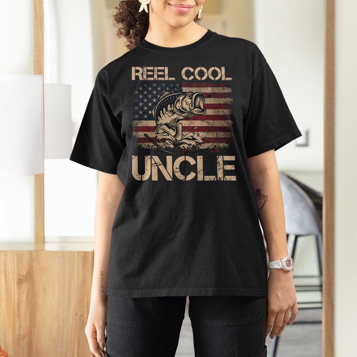 Reel Cool Uncle T Shirt For Women Funny Fishing USA Flag Patriotic Fisherman Fathers Day