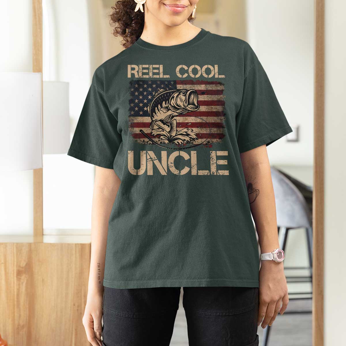 Reel Cool Uncle T Shirt For Women Funny Fishing USA Flag Patriotic Fisherman Fathers Day