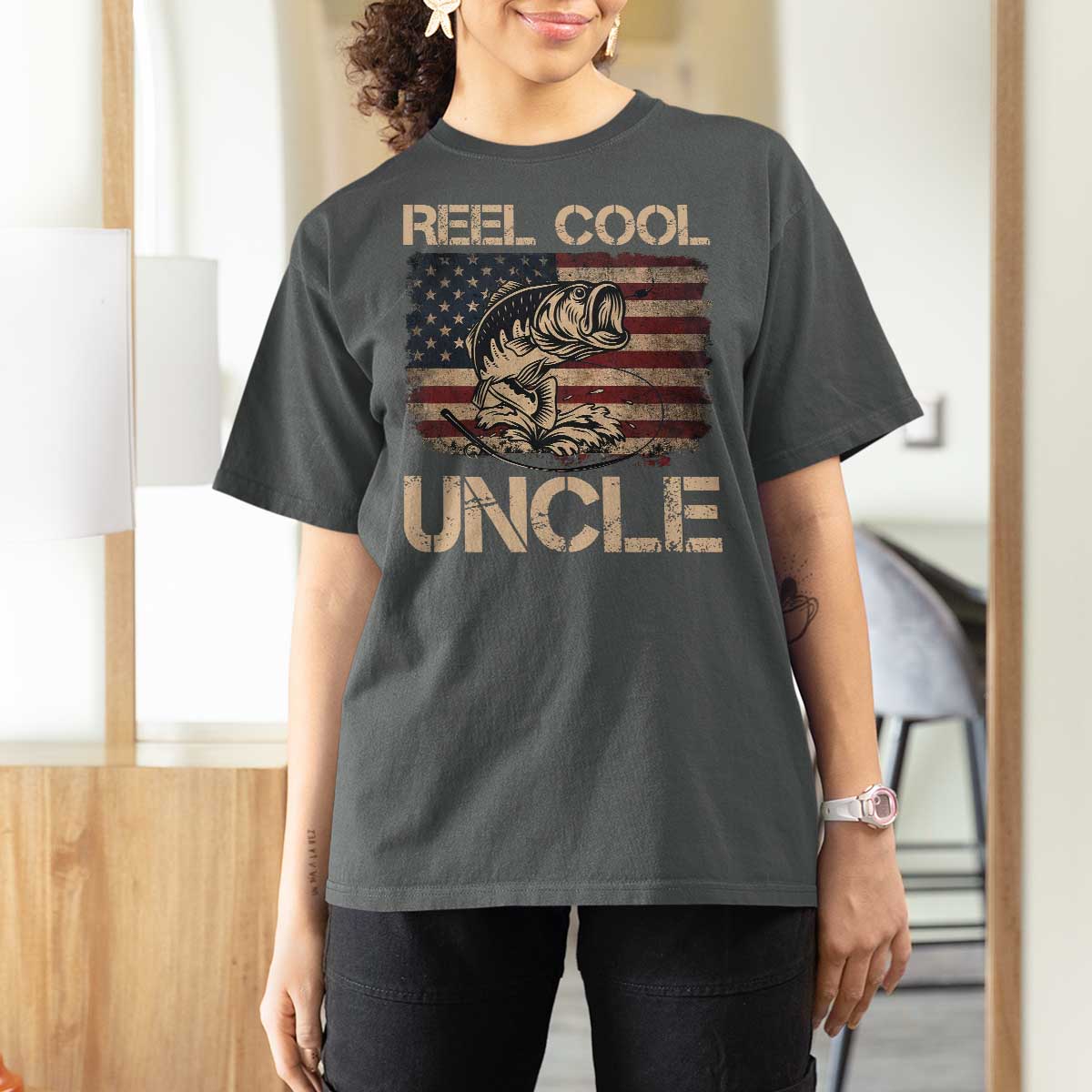 Reel Cool Uncle T Shirt For Women Funny Fishing USA Flag Patriotic Fisherman Fathers Day