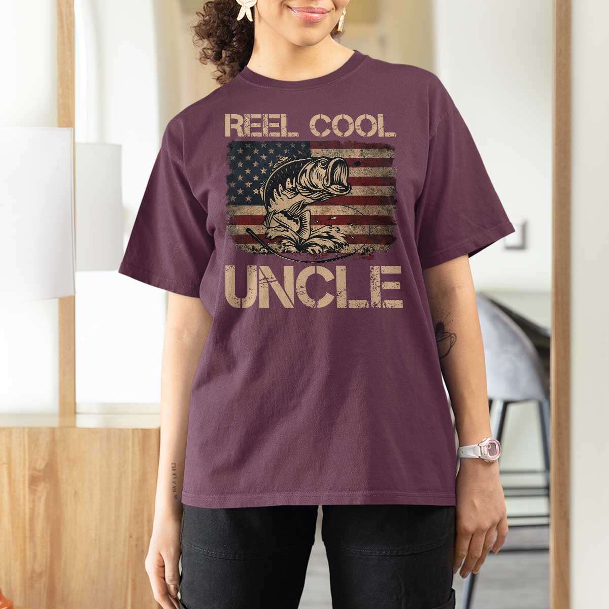 Reel Cool Uncle T Shirt For Women Funny Fishing USA Flag Patriotic Fisherman Fathers Day