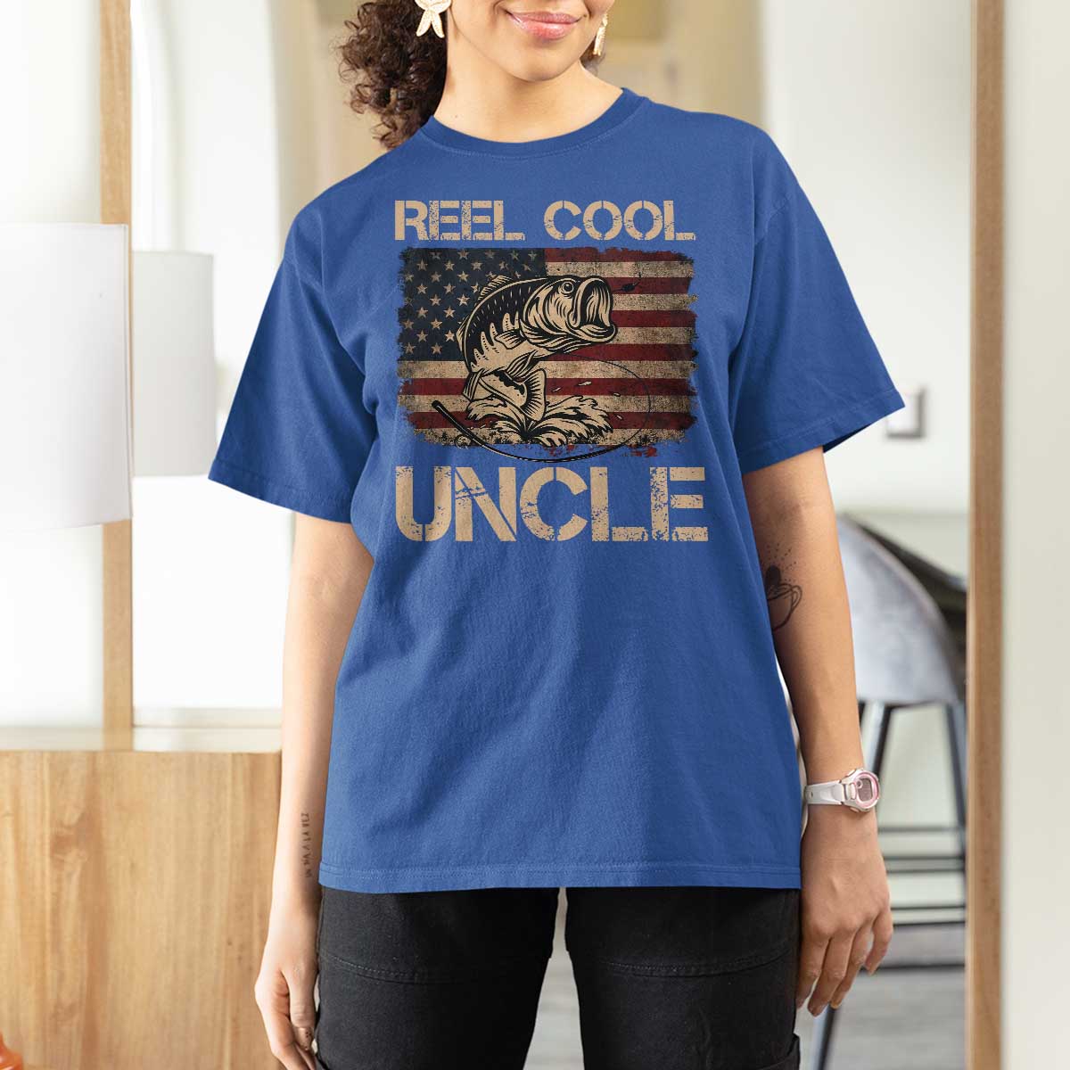 Reel Cool Uncle T Shirt For Women Funny Fishing USA Flag Patriotic Fisherman Fathers Day