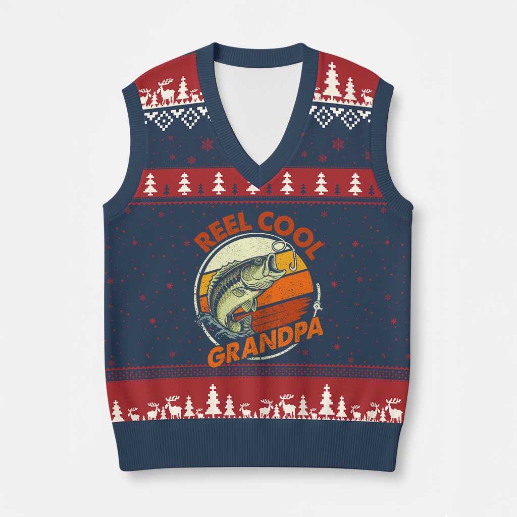 Reel Cool Grandpa V-Neck Knit Sweater Vest Funny Fathers Day Dada Fishing Lover Fisherman