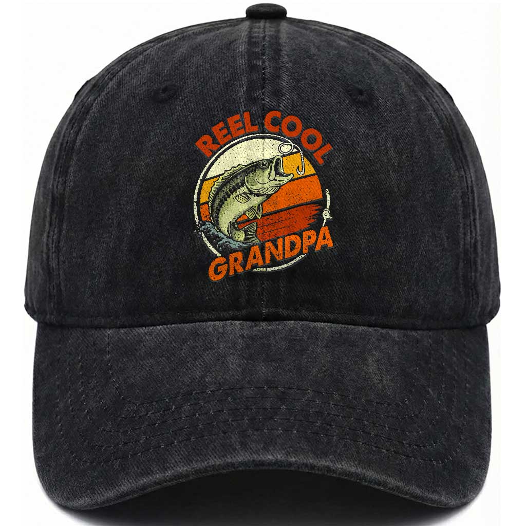 Reel Cool Grandpa Washed Cotton Baseball Cap Funny Fathers Day Dada Fishing Lover Fisherman