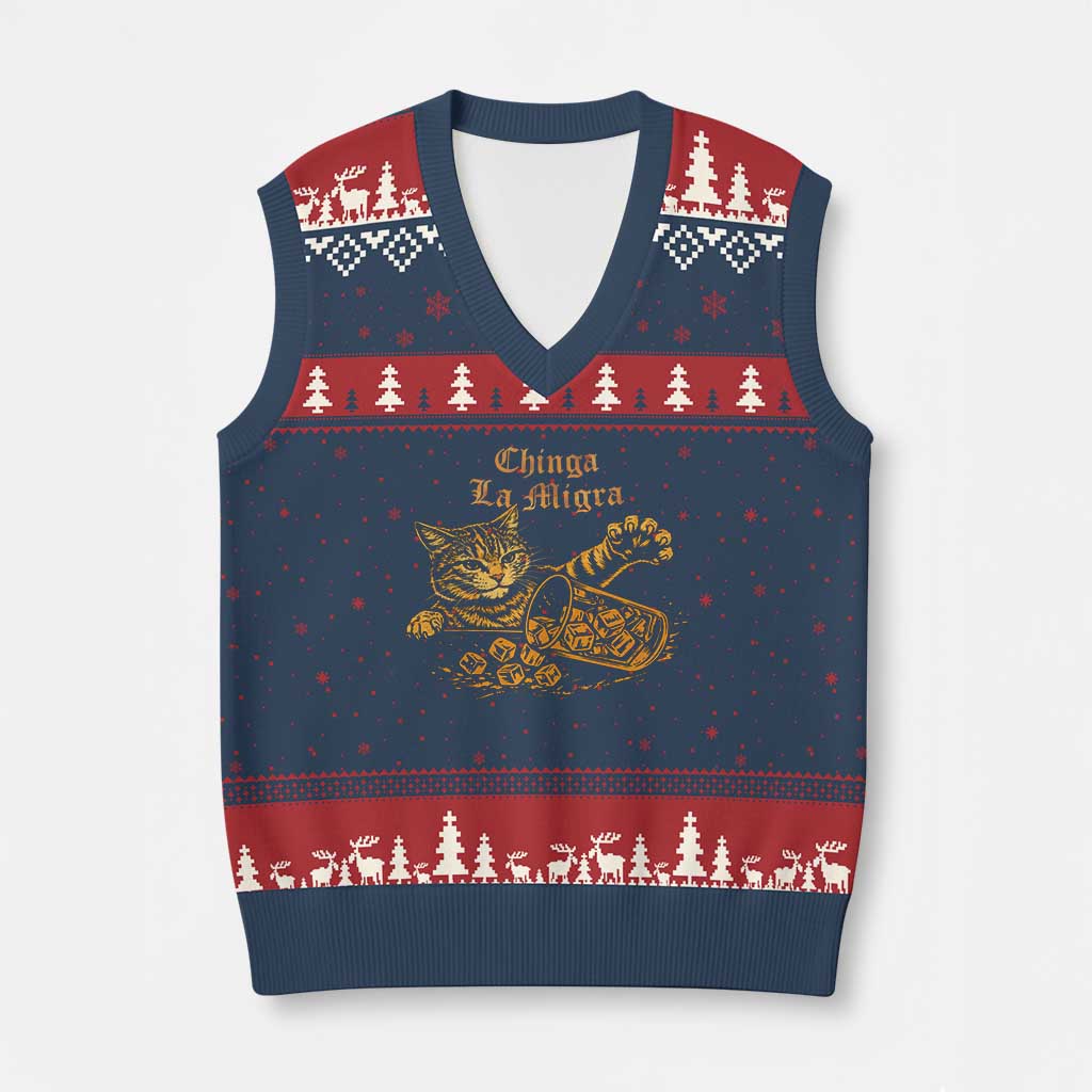 Chinga La Migra V-Neck Knit Sweater Vest Retro Protest Subtle FDT Cat Meme