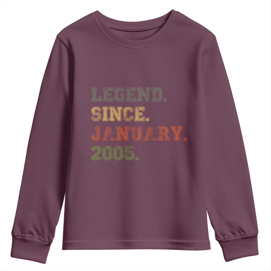 21st Birthday Gifts Youth Sweatshirt Retro 21 Years Old Legend Since January 2005