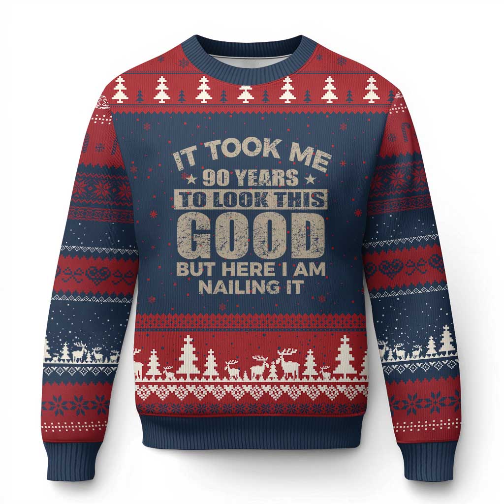 Funny 90th Birthday Ugly Christmas Sweater Retro Grandpa Grandma Bday Gift