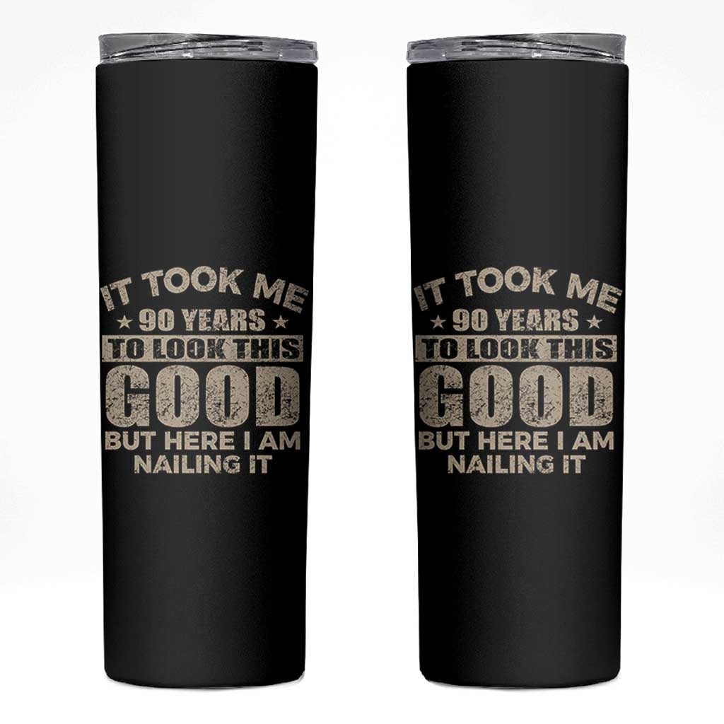 Funny 90th Birthday Skinny Tumbler Retro Grandpa Grandma Bday Gift