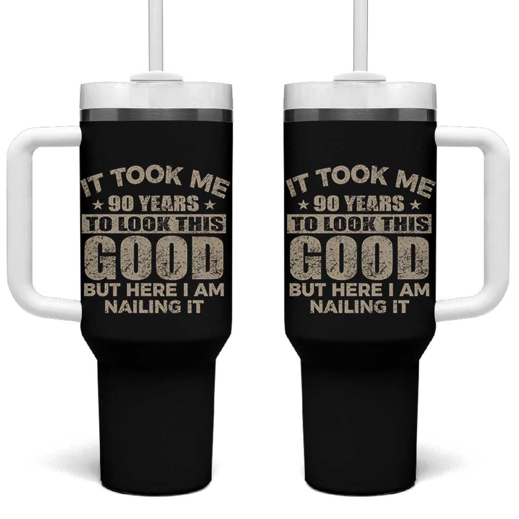Funny 90th Birthday Tumbler With Handle Retro Grandpa Grandma Bday Gift