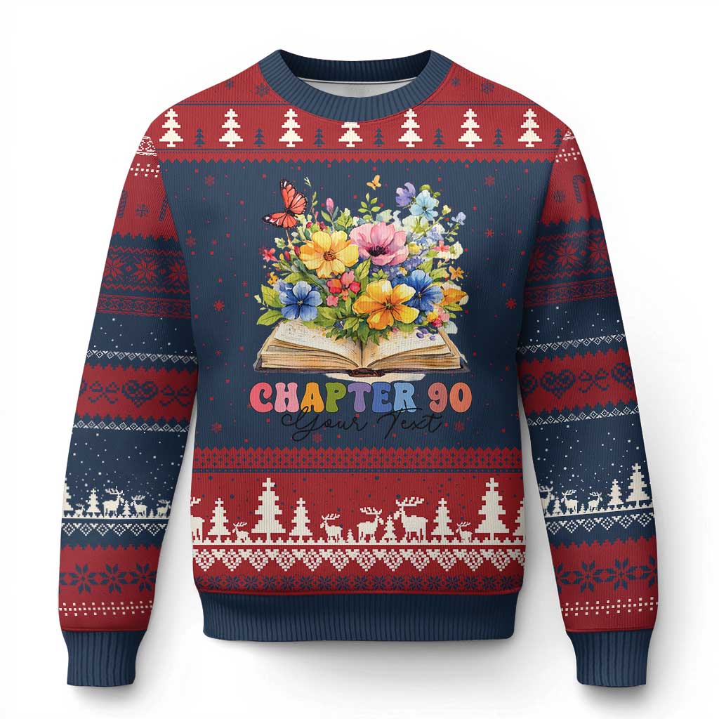 Personalized 90th Birthday Gift For Women Ugly Christmas Sweater Custom Name Chapter 90 Flowers Book