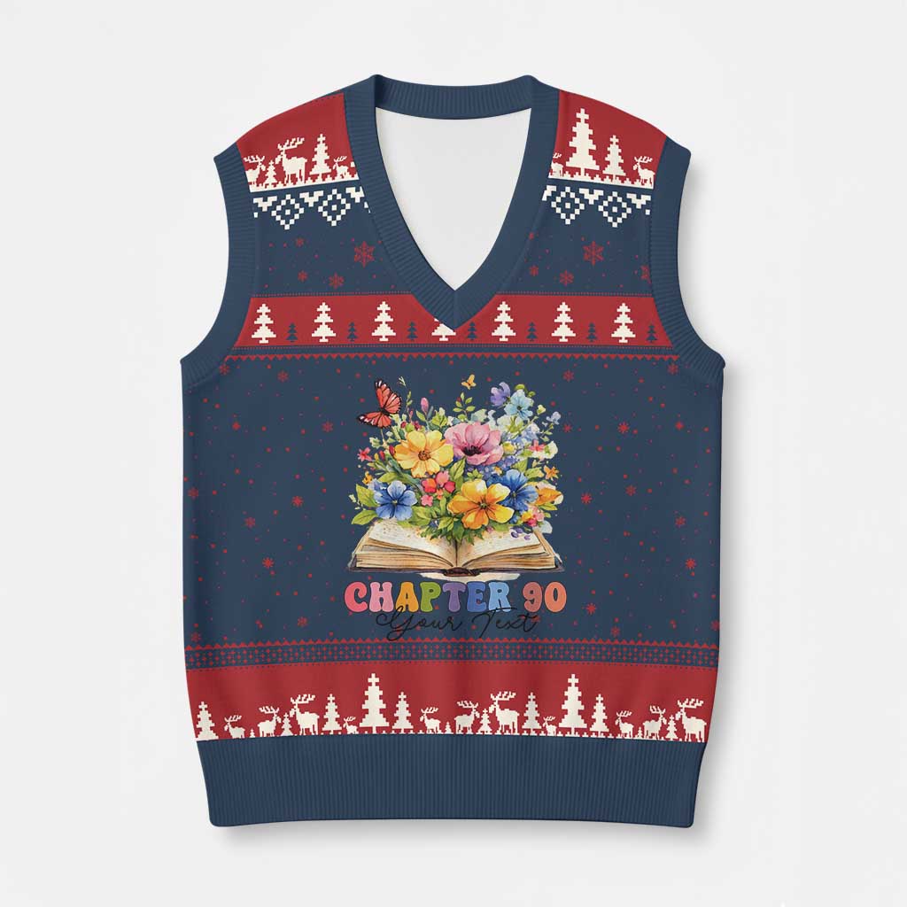 Personalized 90th Birthday Gift For Women V-Neck Knit Sweater Vest Custom Name Chapter 90 Flowers Book