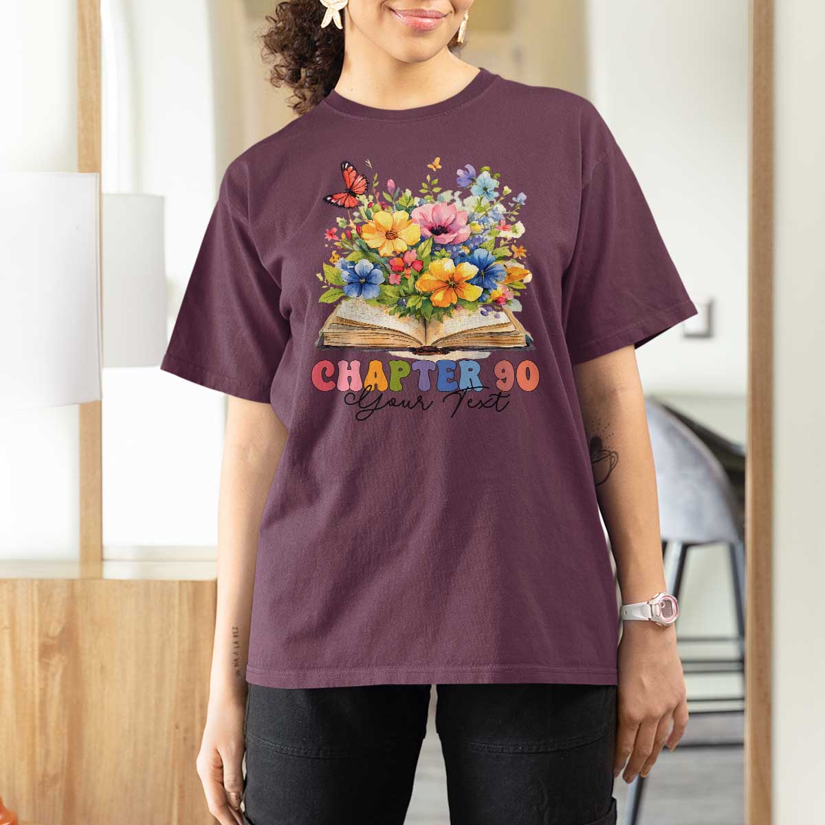 Personalized 90th Birthday Gift For Women T Shirt For Women Custom Name Chapter 90 Flowers Book