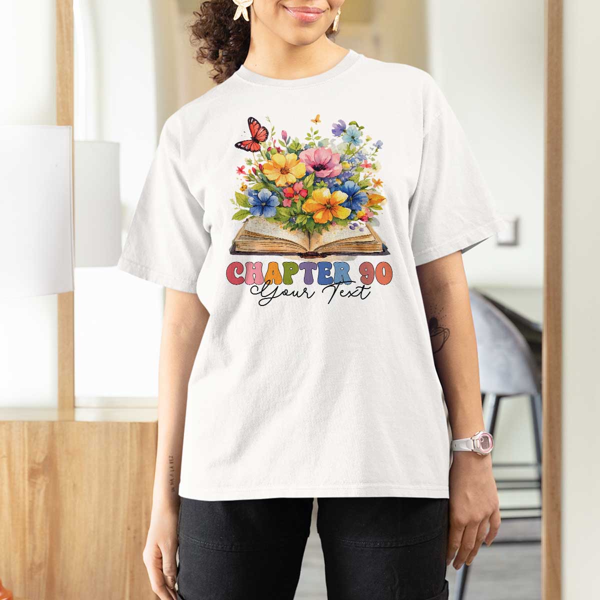Personalized 90th Birthday Gift For Women T Shirt For Women Custom Name Chapter 90 Flowers Book