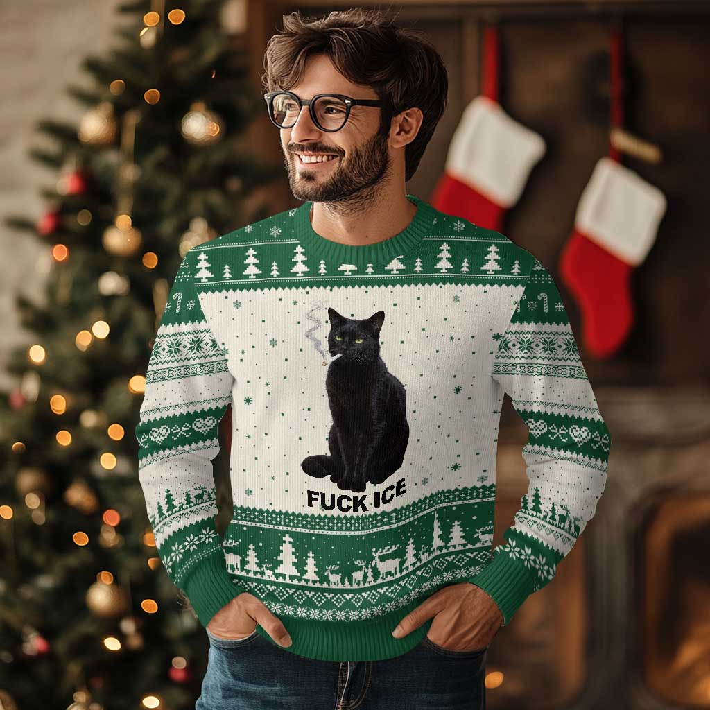 Fck Ice Smoking Cat Ugly Christmas Sweater Subtle FDT Black Cat Meme