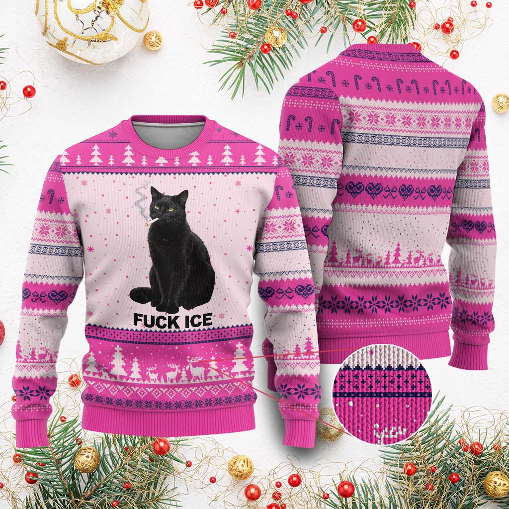 Fck Ice Smoking Cat Ugly Christmas Sweater Subtle FDT Black Cat Meme