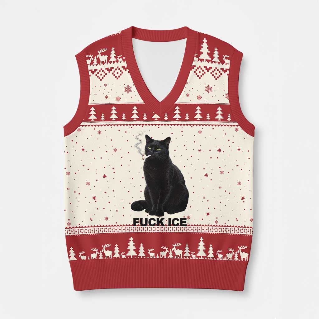 Fck Ice Smoking Cat V-Neck Knit Sweater Vest Subtle FDT Black Cat Meme